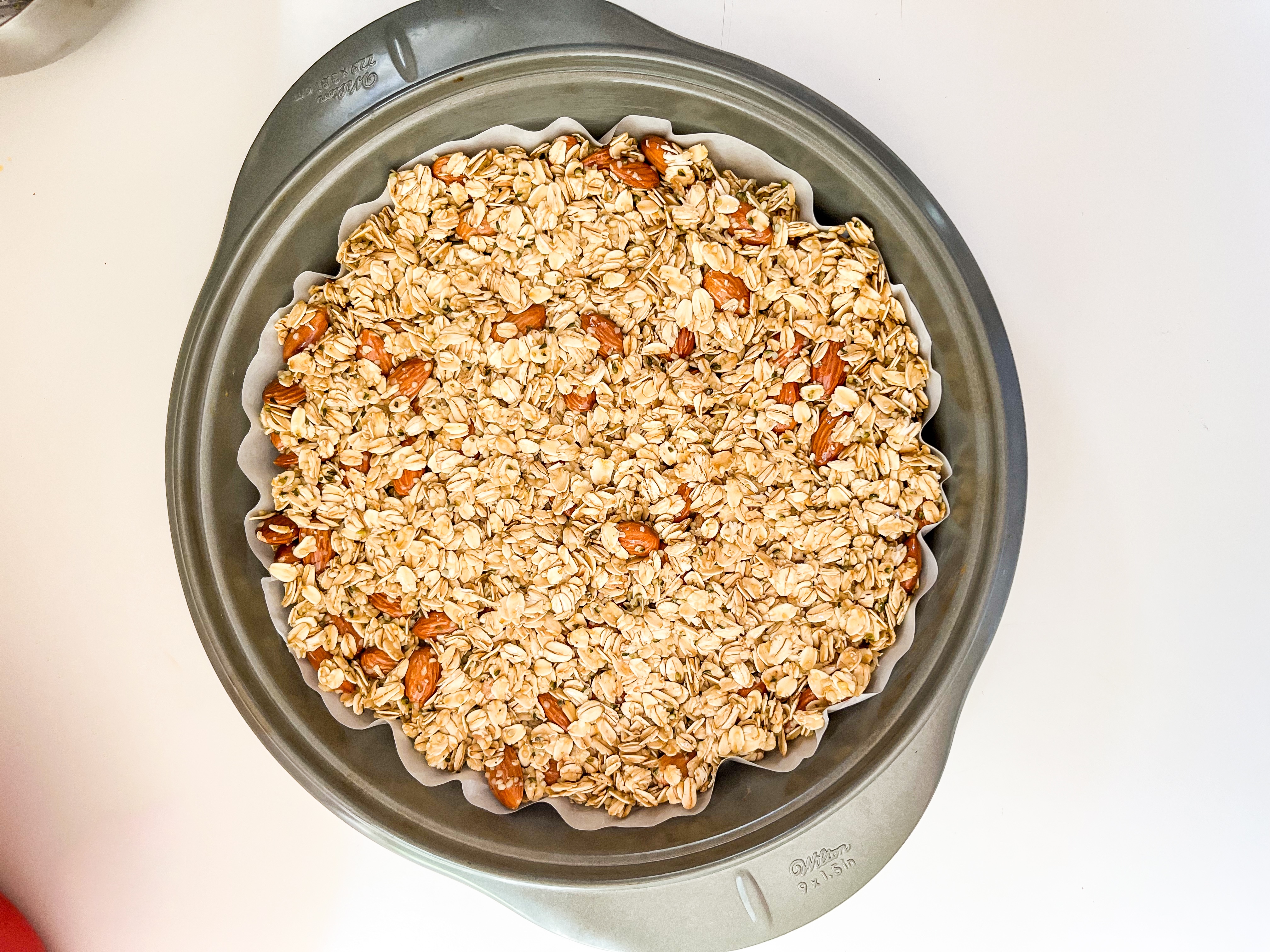 Almond Vanilla Granola in pan before baking