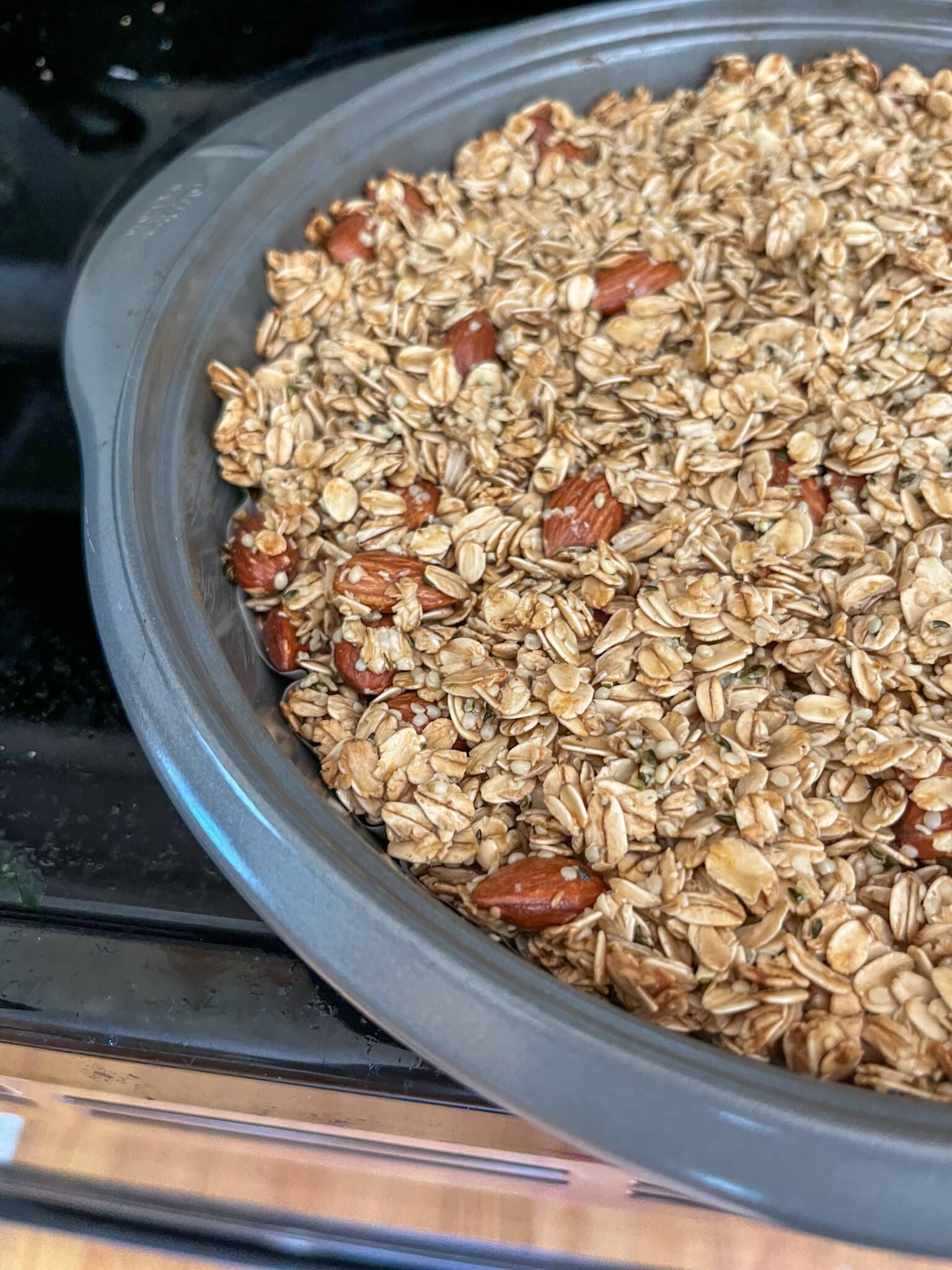 Almond Vanilla Granola in pan after baking