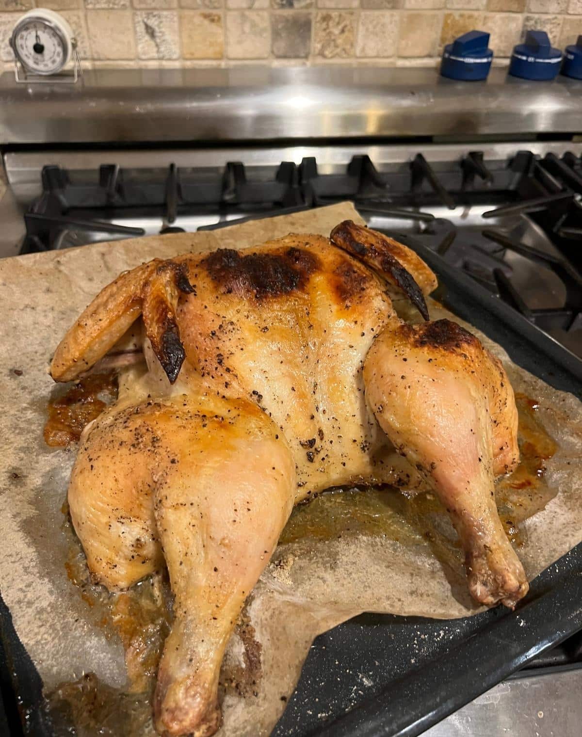 Spatchcocked Roasted Chicken on Stove