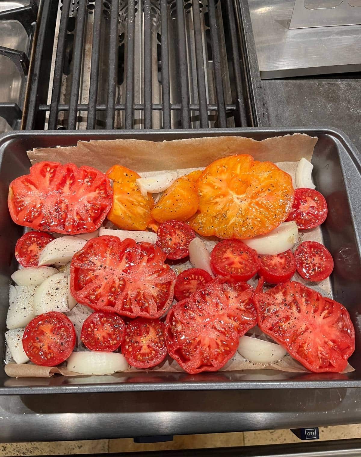 Tomatoes and Onions on a pan