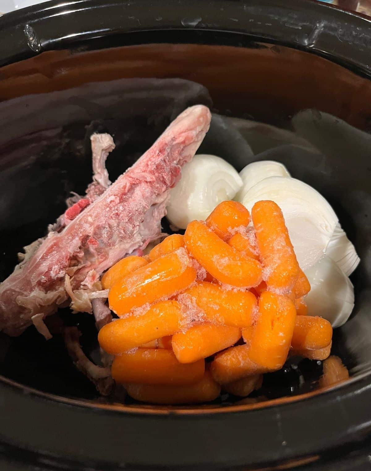 Bones and Carrots and Onions in Crock Pot