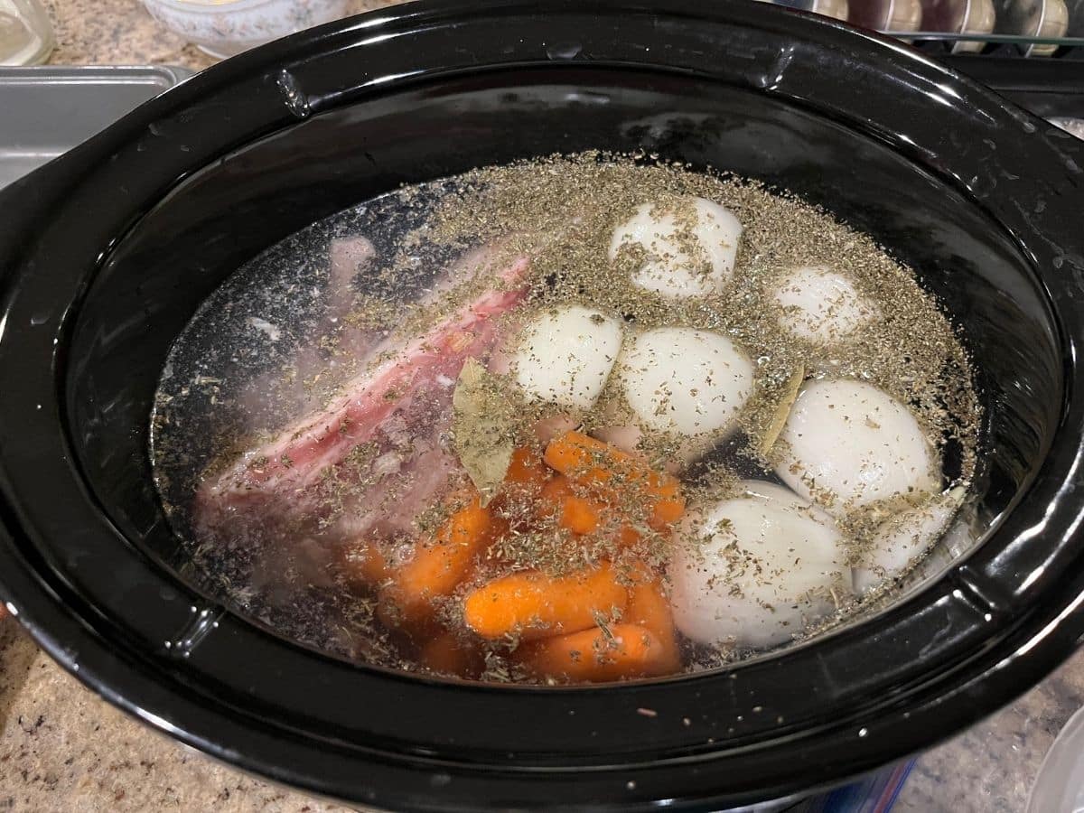 Bones and Carrots and Onions with water in Crock Pot