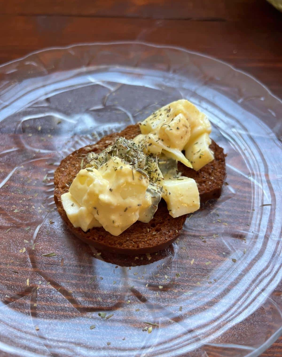 Dill Pickle Egg Salad on Crostini