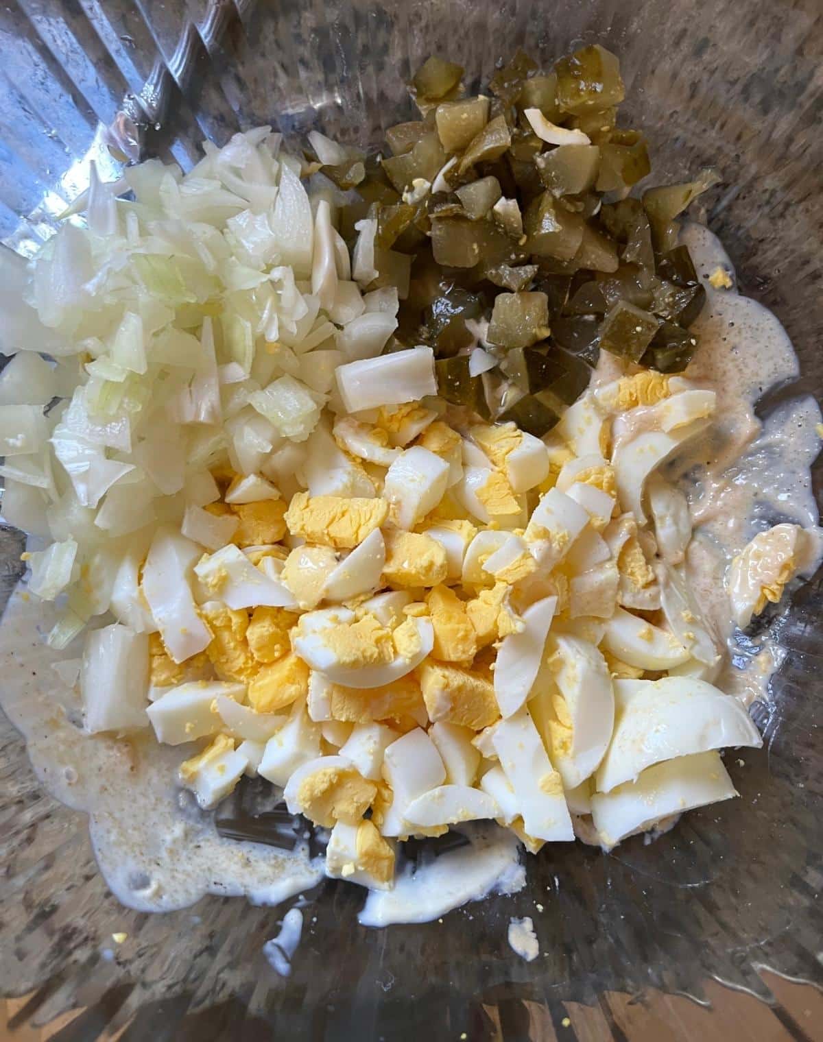 Dill Pickle Egg Salad Ingredients in Bowl