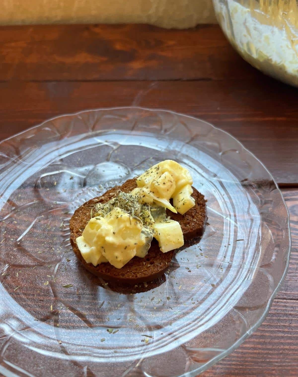 Dill Pickle Egg Salad on Crostini