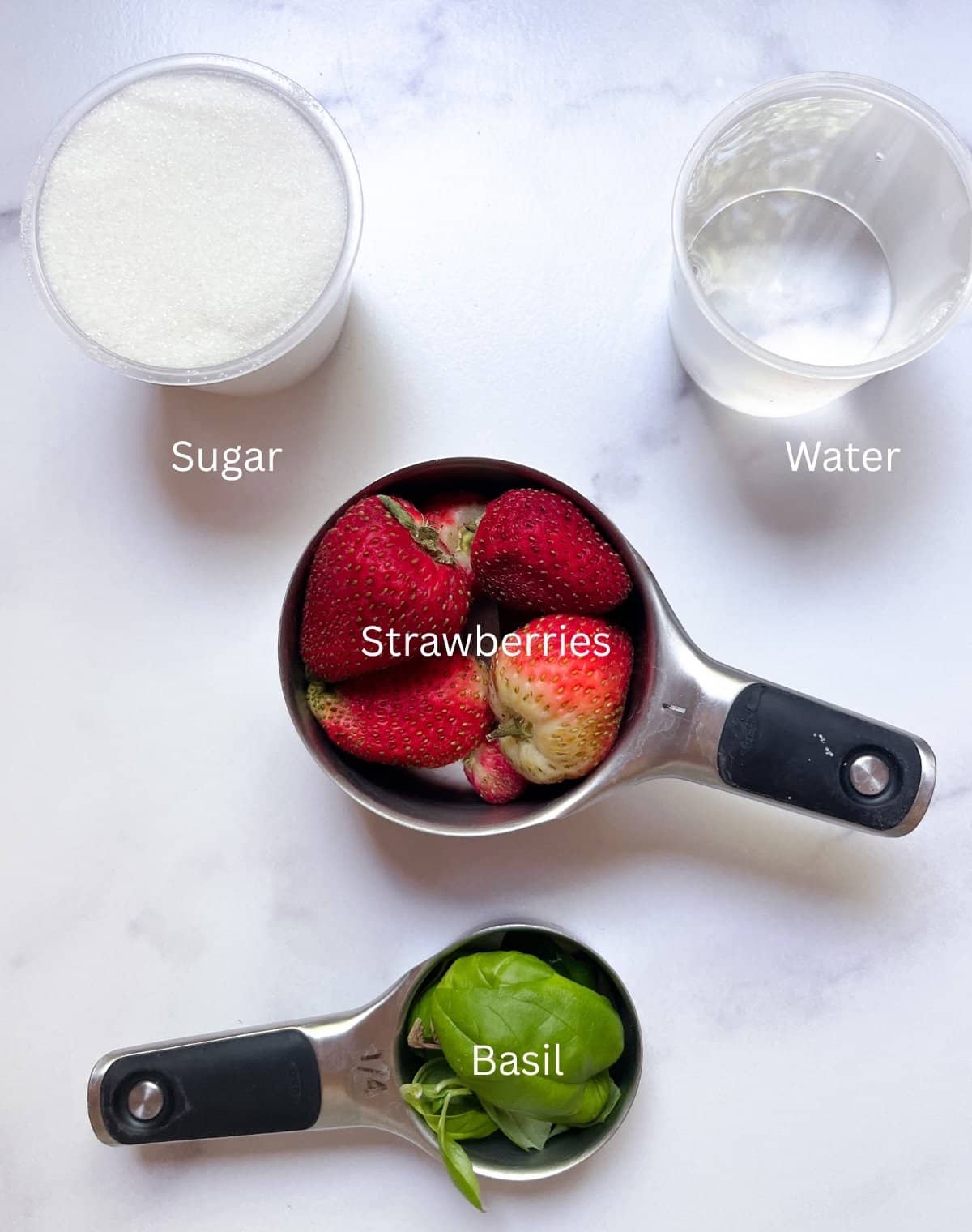 Labeled Syrup Ingredients, including sugar, water, strawberries, basil